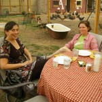 Friends at the farmer table. The chickens were pleased we were serving pork.